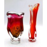 Two vintage glass red vases, tallest 22cm