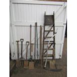 Garden tools including shovels and wooden step ladder (display purposes only)