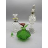 2 silver collared scent bottles and a green scent bottle with bird (a/f)