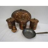 Copper cannisters, jelly mould and pan