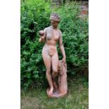 Garden statues: A composition stone figure of a naked lady, Eve holding an apple 116cm tall