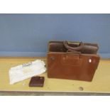 2 Vintage leather bags, wallet and table runner with mother of pearl detail