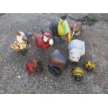 Ceramic and metal garden birds and animals