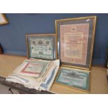 Large amount of Russian Bond certificates, some framed