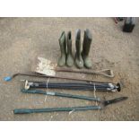 Garden tools, drain rods and 2 pairs of wellies