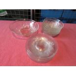 Jobling 'Fir cone' Art Deco glass bowl, 6 dishes (7") and 6 small bowls