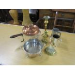 Mixed metalware including copper pan and brass candle sticks