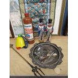 A pewter 1925 chapel plate, soldier glass bottles, Chinese tapestry, vintage bottle toy, Landend