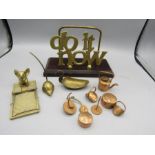 Copper half penny trinkets, brass letter rack etc