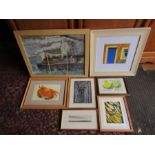 7 Framed mixed media pictures, most signed by artists