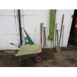 Garden tools, parasol, wheel barrow, rotary washing line etc