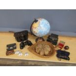 Collectors lot including binoculars, Staffordshire decanter labels and Gyroscope etc