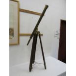 Large vintage brass telescope with wood and brass tripod. tripod 84cm high telescope 98cm long