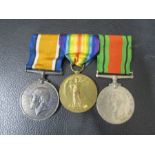 2 WW1 Victory & war medals presented to GNR A. Barnes R.A and WW2 defence medal on a pin in a trio