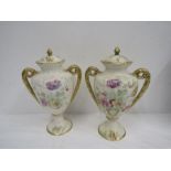 A pair vintage handled vases with lids, floral design with gilt detail, some hairline cracks