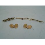 Gold 3 single bar brooches all marked 375 or 9ct with one as a riding crop and a pair of