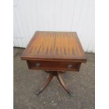 Charles J Barr fold out mahogany inlaid games table with drawer containing Chess pieces