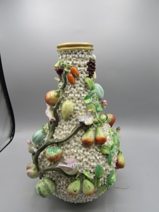 A Dresden (Crossed Swords) encrusted bottle shaped vase with lid, heavily decorated in flowers, - Image 4 of 9
