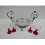 Corbett crystal dish in stand with 4 red stemmed liquor glasses