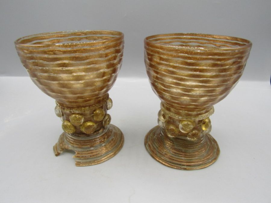 Vintage Venetian glass goblets amber coloured with iridescent finish one a/f