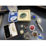 A collection of brooches