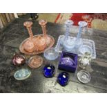 Mixed glassware including dressing table sets and paper weights