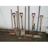Garden tools including forks and shovels