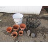 Enamel bucket, hanging baskets and terracotta pots etc