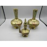 Pair of brass vases with copper detail and Indian coffee/tea pot
