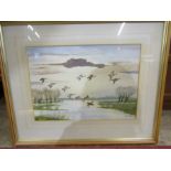 Jack Preston watercolour of mallards in flight, glazed and framed 53x43cm