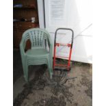 Sack barrow, 4 plastic garden chairs and wheelbarrow planter