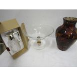 A autumn coloured glass vase, pedestal dish and silver plated boxed wine jug