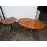 Mahogany piecrust side table with birdcage and coffee table with quarter veneered top and brass