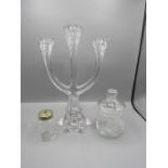 Glass candlestick in star shape, etched lidded pot and a small pot