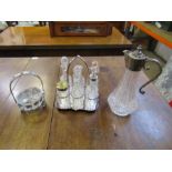 Glass and silver plated sugar bowl with stand and spoon, condiment set and Claret jug