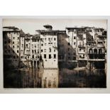 Alfred R Blundell (1883-1968) dry point etching, "old houses on the Arno, Florence" signed in pencil