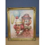 W. Moninet oil on board of clowns in gilt frame 59x70cm