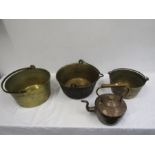 3 brass jam pots 1x10" 2x13" and copper kettle