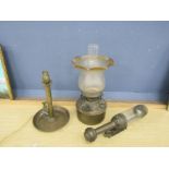 Brass oil lamp with glass shade, wall sconce and electrified brass table lamp (plug removed)
