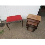 Oak nest of tables and upholstered footstool