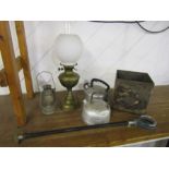 Brass oil lamp with glass shade, 2 vintage kettles and shooting stick etc