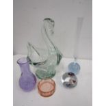 Glass swan and various coloured glass