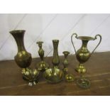 Brass vases and Greyhound horse brass etc