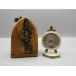 Small travelling clock with brass back and mother of pearl detail in gothic style case 7cm tall (