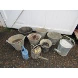 6 Galvanised buckets and 3 watering cans
