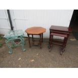 Vintage hexagonal table nest of tables and a metal table with glass top with horse detail to glass