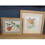 Watercolour of a fox and one of apples still life signed K Bailey 95