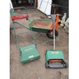 Qualcast roller, lawn rake and wheel barrow