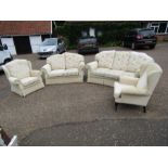 Quality 3 Piece suite and matching wing back arm chair cream with gold swirls, clean and in good