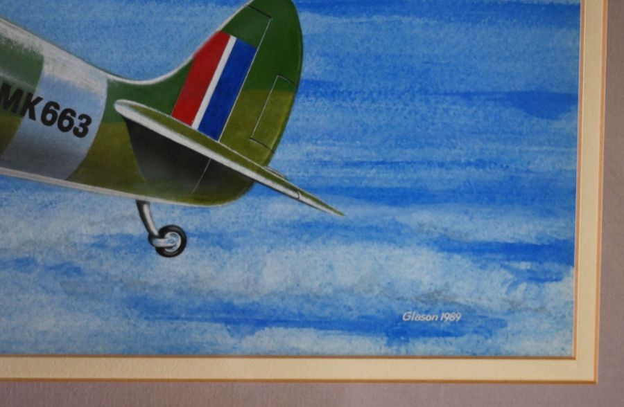 Glason, Norman (British Artist) Watercolour of Spitfire IX 222 sqdn W. Gower 1989 framed and - Image 3 of 3